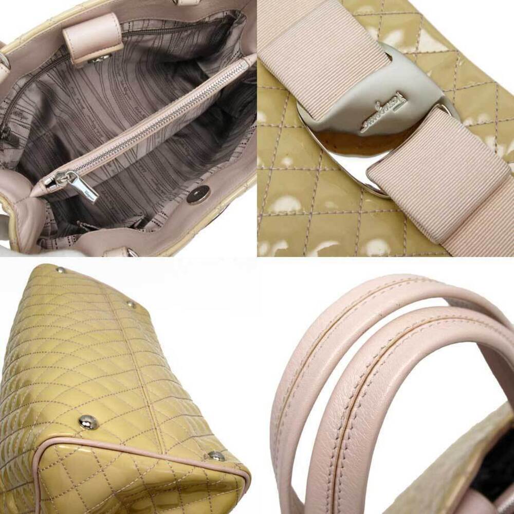 Salvatore Ferragamo Beige Pink Handbag Leather Vara Ribbon Silver Patent Tan